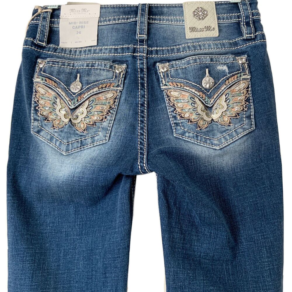 Miss Me Jeans Blue Mid Rise Capri Embellished Faux Flap Pockets 26